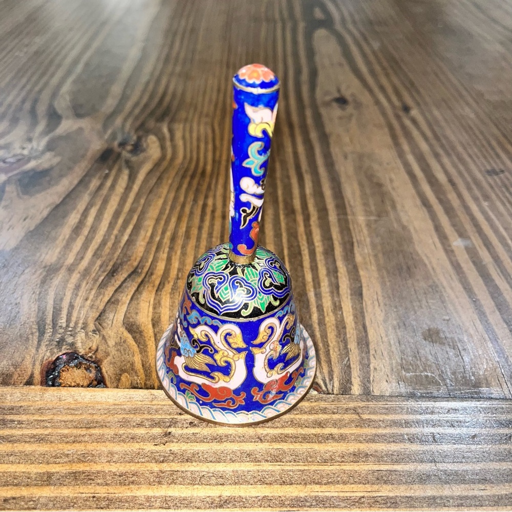Vintage Cloisonne Enamel Chinese Handbell Bell Brass Dragon Phoenix Design